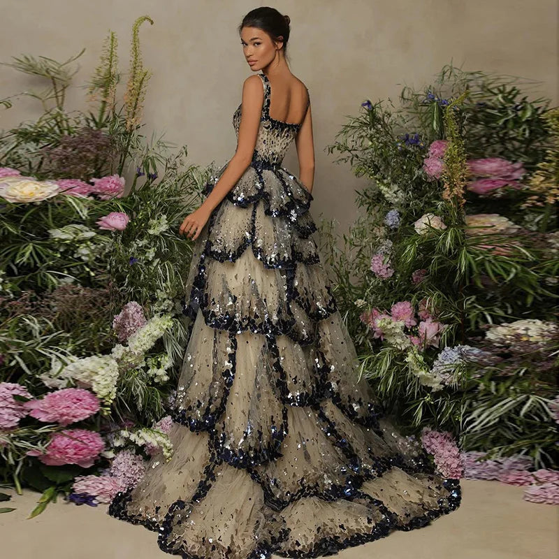 Customized Luxury Evening Sparkly Sparkly Sequin Tiered Ruffles Ball Gown Evening Dress