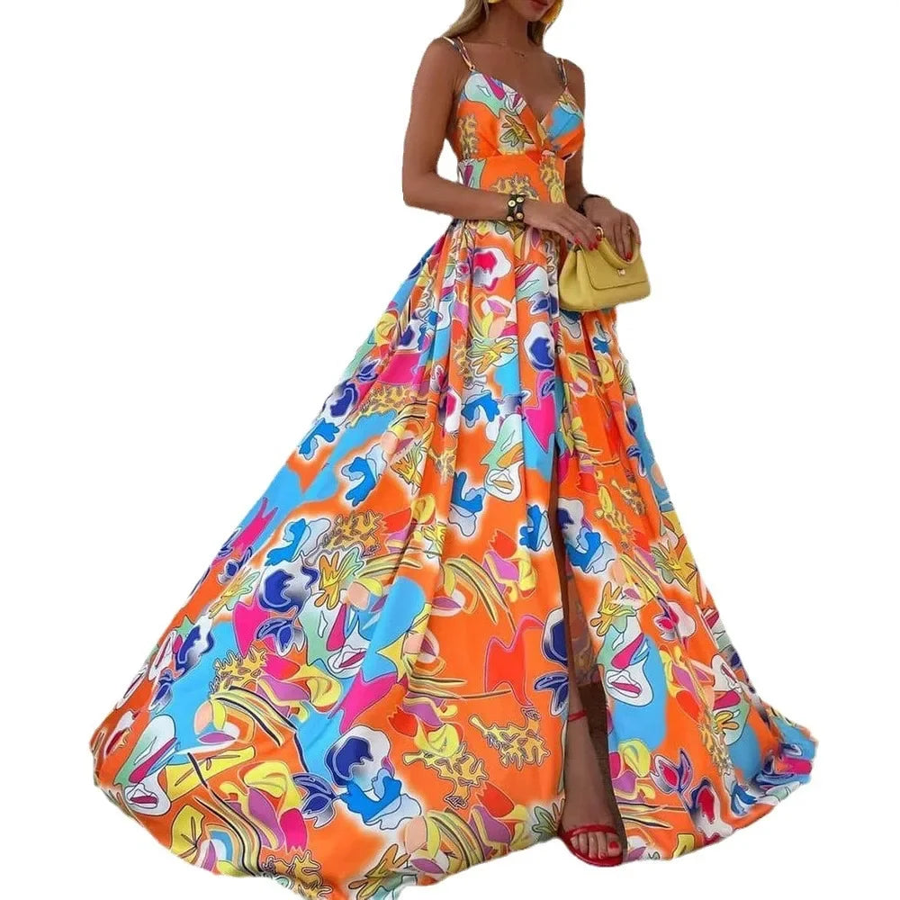Summer Women's Chiffon Bohemian Printing Dress Vacation Style Sleeveless