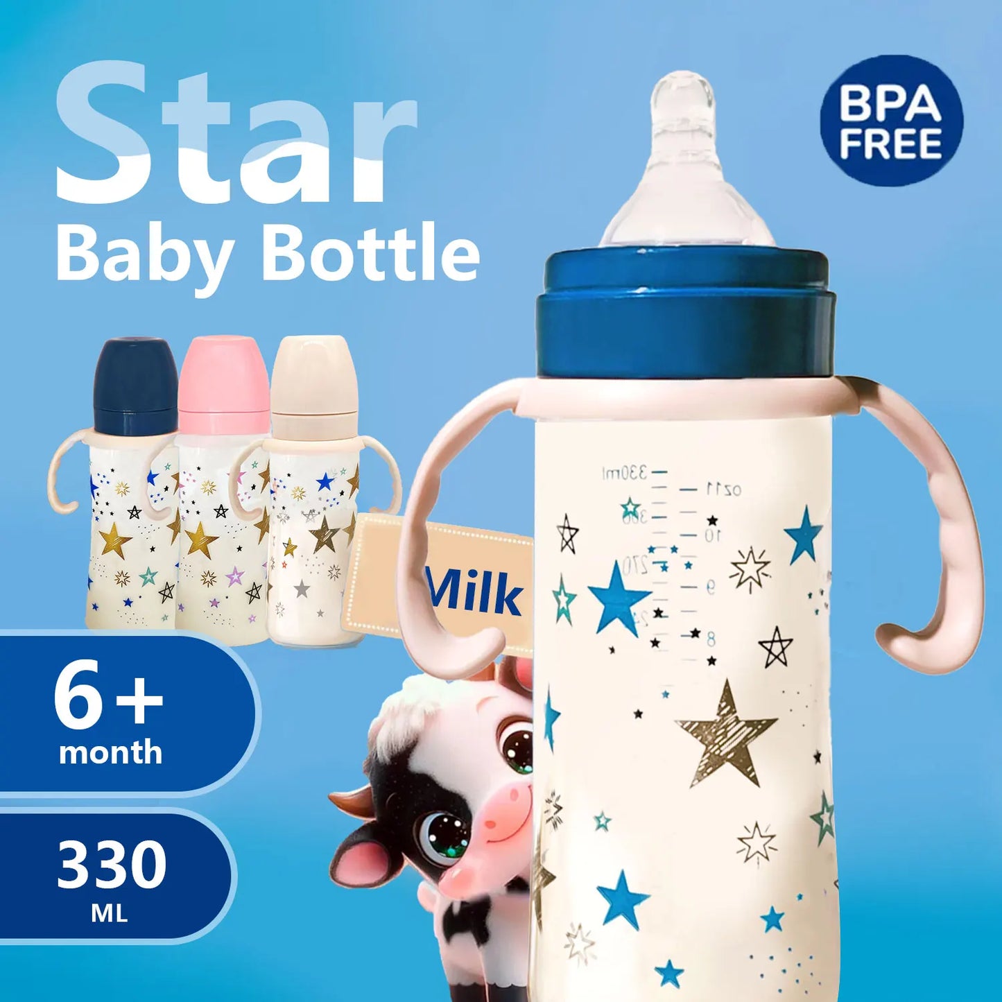 1PC 330ml large-capacity baby feeding bottle star PP wide diameter anti-fall lightweight ergonomic handle design