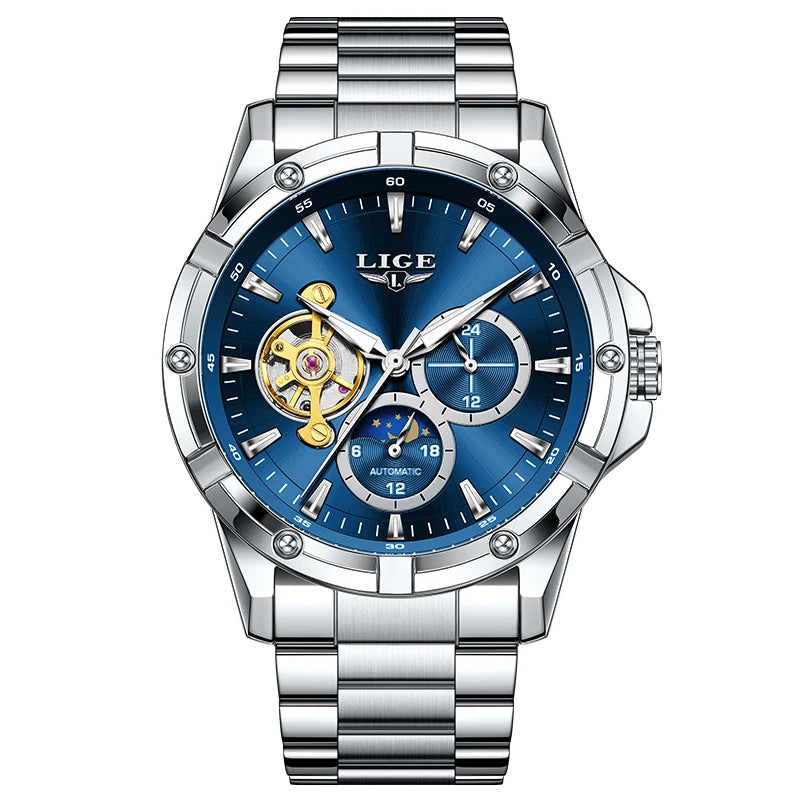Luxury 24-Hours Moon Phase Automatic Movement Stainless Steel Band Men's Watches