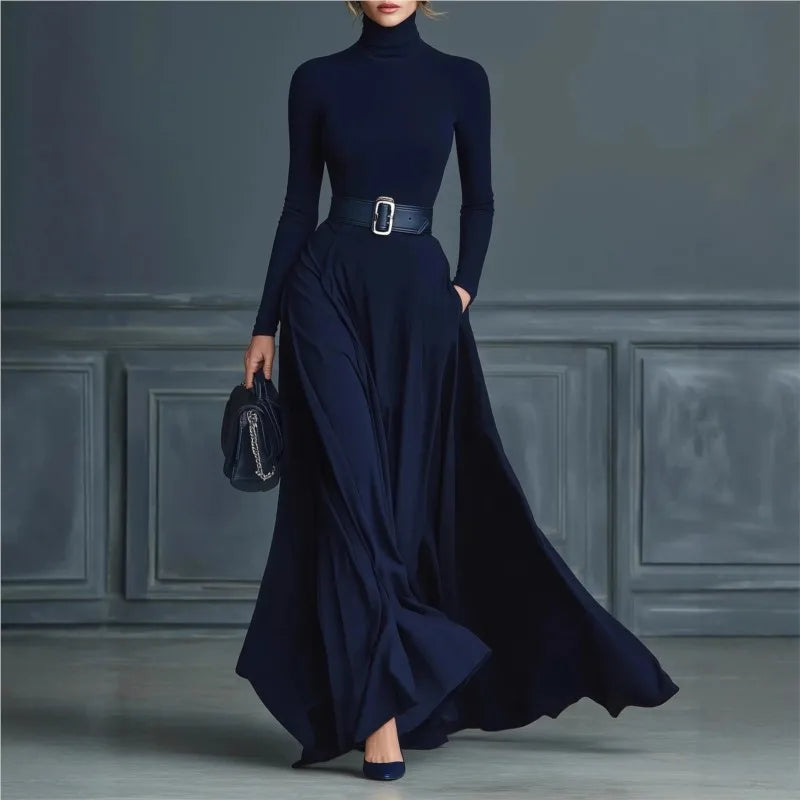 Elegant Half High Collar Knitted Long Sleeve Long Autumn Dress