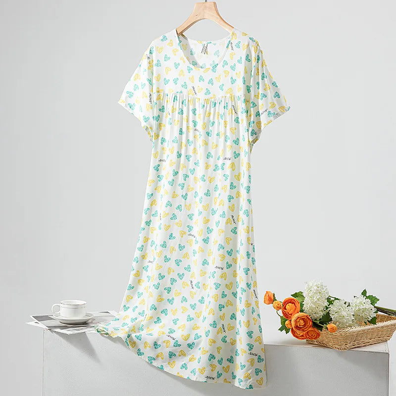 Summer Women Nightgown Short Sleeve Round Neck