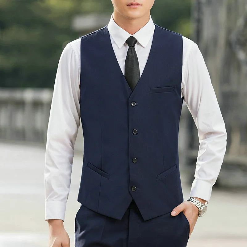 Man Vest Spring Autumn Simple Solid Color V-neck Slim Male Waistcoat Single-breasted Breathable Coat
