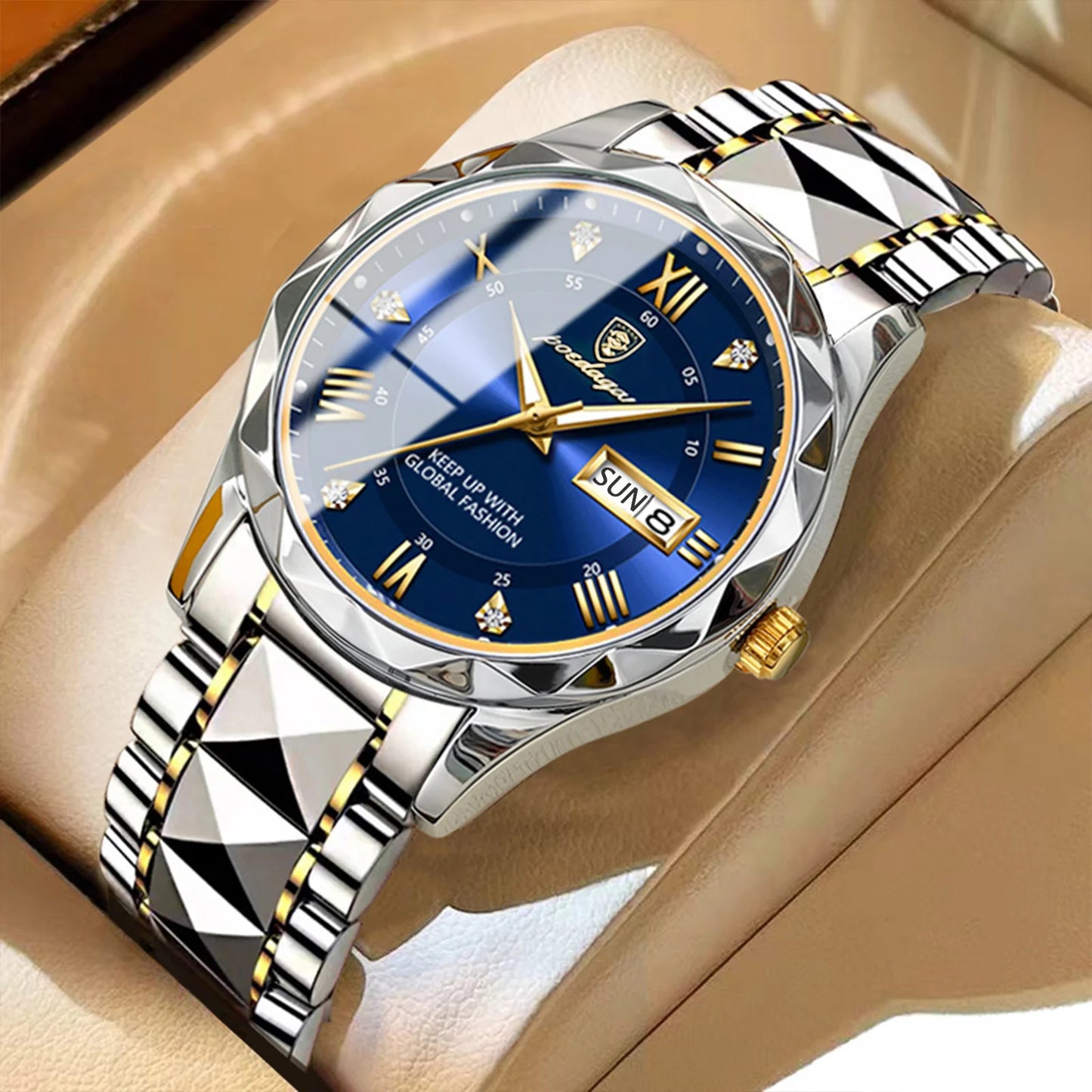POEDAGAR Top Brand Luxury Men's Waterproof Stainless Steel Quartz Watch Luminous Calendar Week