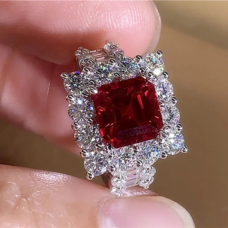 Exquisite Red Stone Jewelry Silver Square Geometry Ring for Women