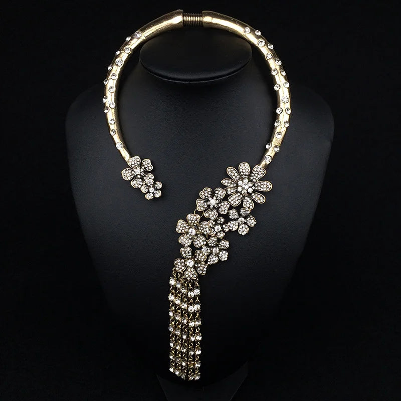 Baroque Open Choker Necklace Women Layered Crystal Tassel Large Collar Necklace Jewelry