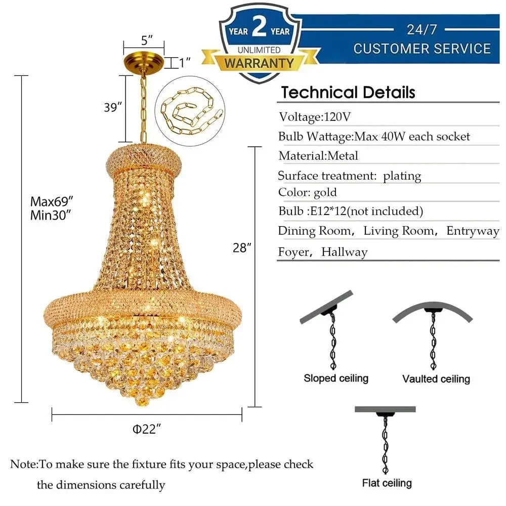 Luxury Empire Gold Lighting Crystal Chandelier Fixture 12 Lights Entryway Dining Room