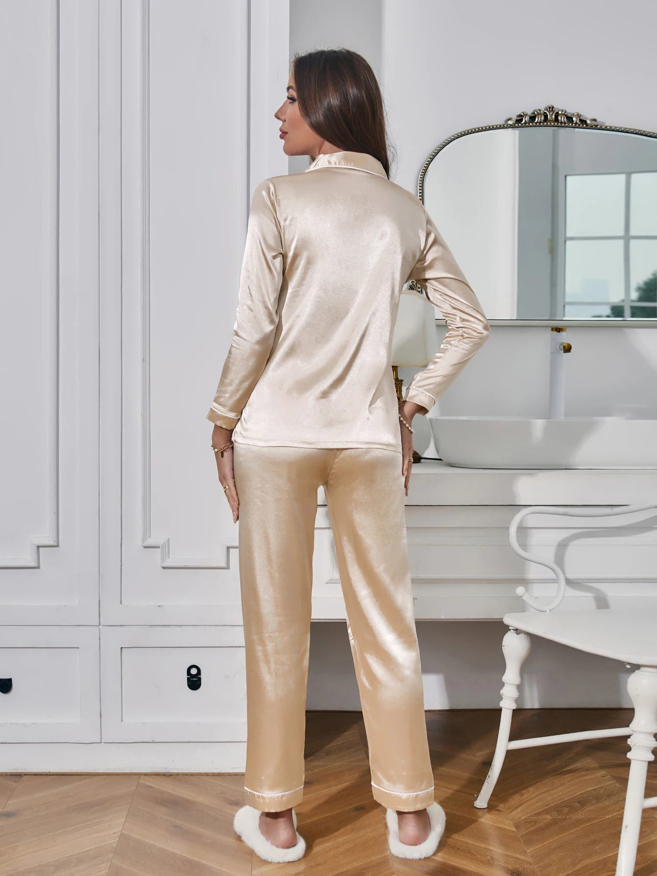 Women Solid Pajama Set Long Sleeve Button Up Lapel Top & Pants