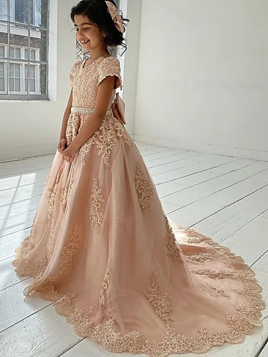 Flower Girl Princess Dresses for Wedding Pageant With Bow-knot Beaded Appliques Long Train Party Gowns