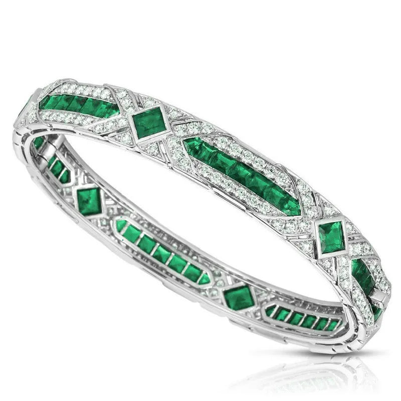 Princess Cut Emerald High Carbon Diamonds Gemstones Bracelet Bangle 925 Sterling Silver Fine Jewelry