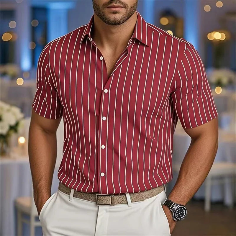 Men's Fashion Striped Loose Short Sleeve Shirt Casual Breathable Lapel Button Shirt Soft and Comfortable
