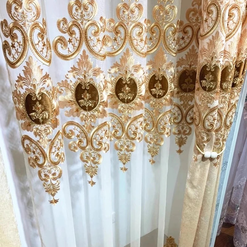 European Beige Embroidered Chenille Valance Customizable Luxury Curtain for Living Room Bedroom Dining Room