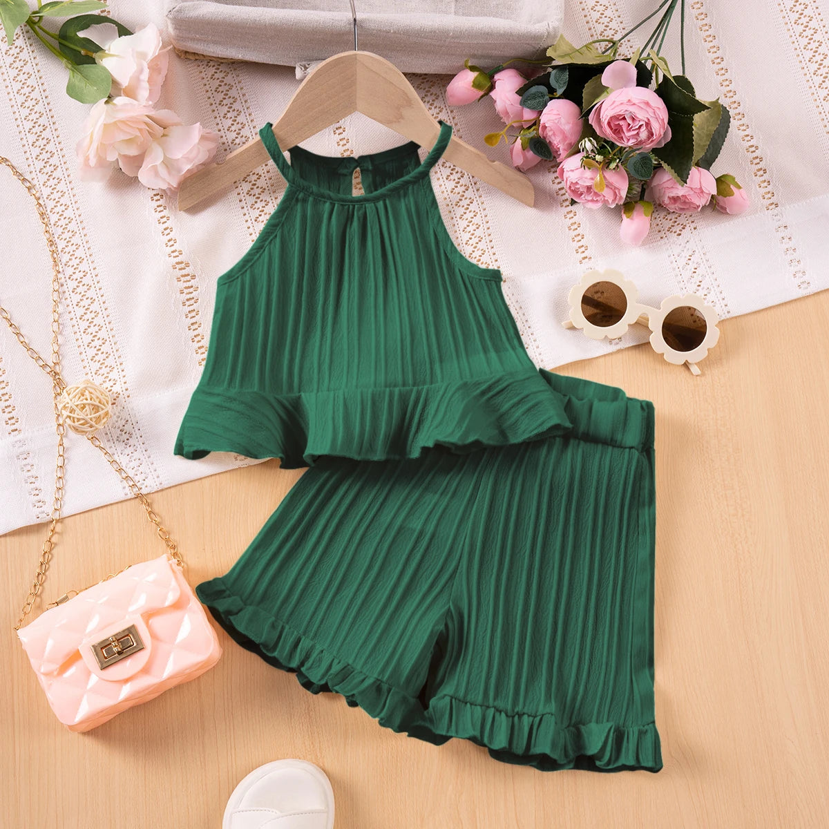 Summer Fashion Sleeveless Ruffle Tank Top & Shorts Solid Two-Piece Outfit Toddler Girl Set