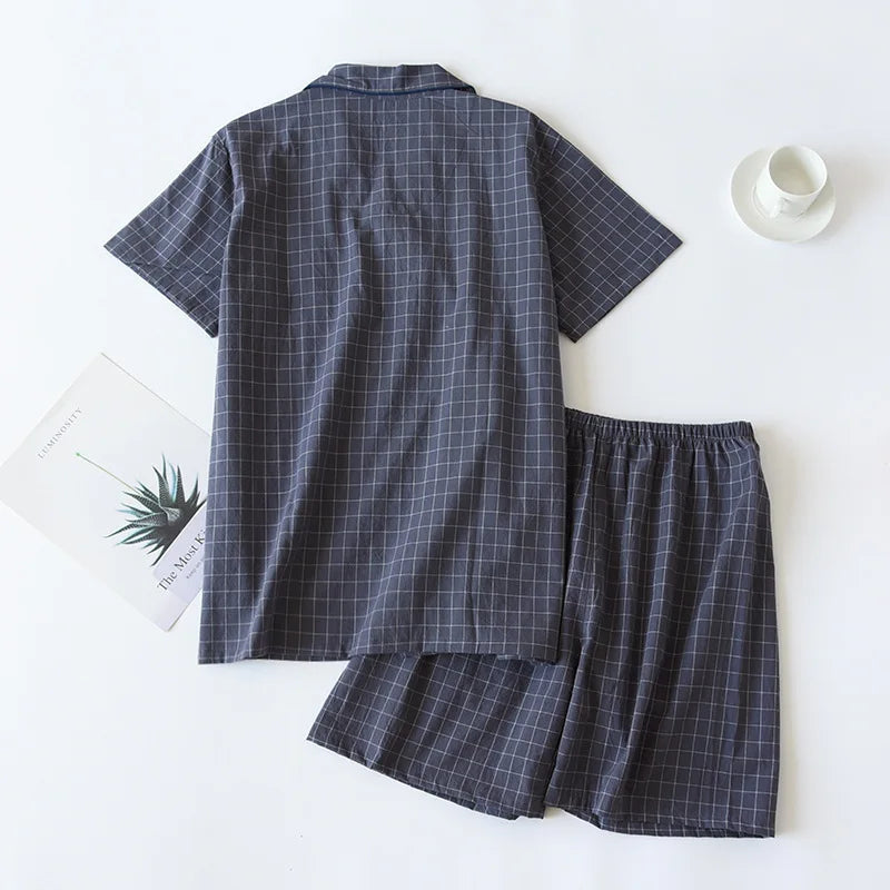 Men's Pajamas Summer Thin Short-sleeved Shorts Cotton Plaid