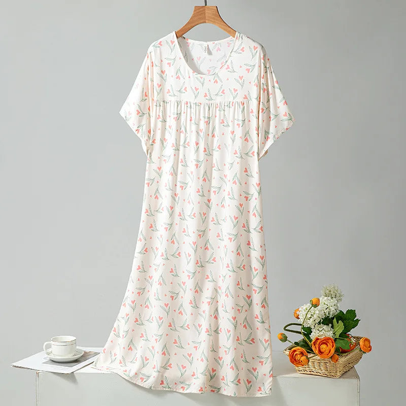 Summer Women Nightgown Short Sleeve Round Neck