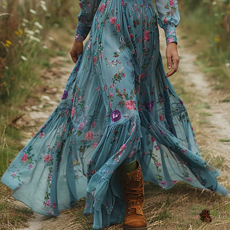 Spring Floral Maxi Print Dress for Women V Neck Elastic Waist