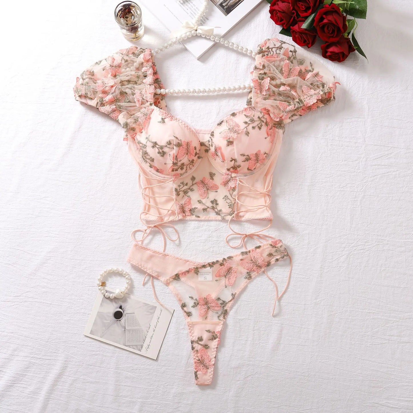 Women Sexy Sheer Lace-Up Puff Sleeves Floral Embroidery Two Piece Set