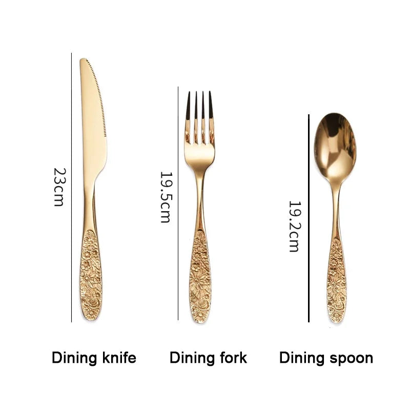 1/3Pieces Gold Cutlery Set Stainless Steel Vintage Western Dinnerware Luxury Tableware Engraving Forks Knive Spoons Sliverware