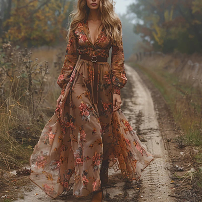 Elegant Boho Long Sleeved Women's Dress Casual V-neck High Waist