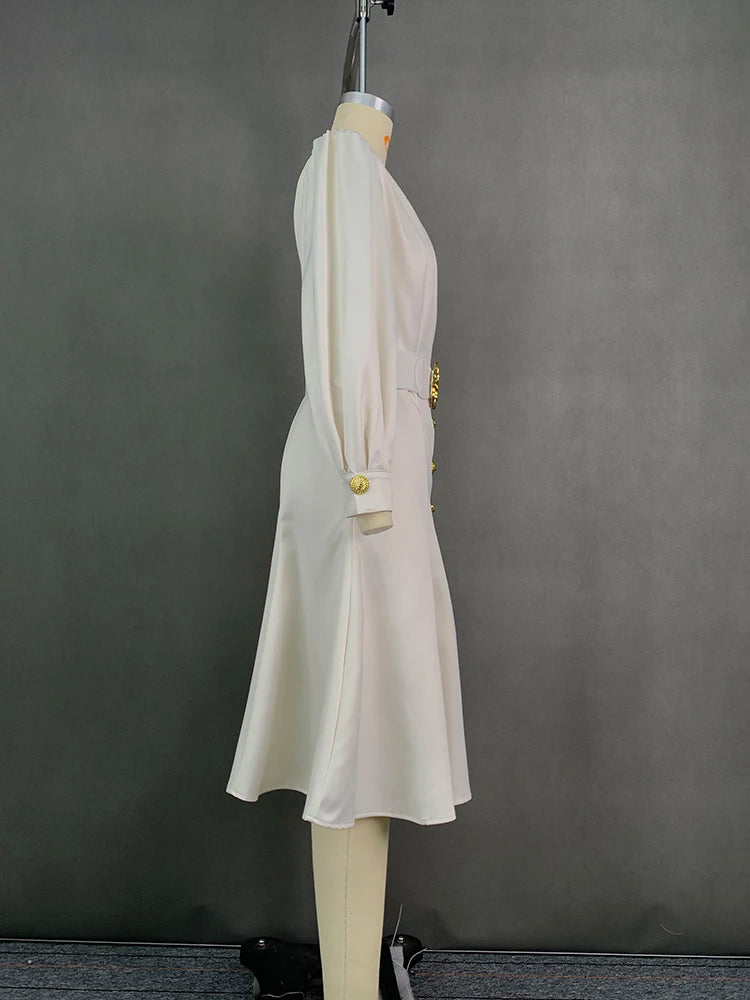 Formal Midi Elegant Evening Dresses Autumn Puff Sleeves Tied Waist V-Neck