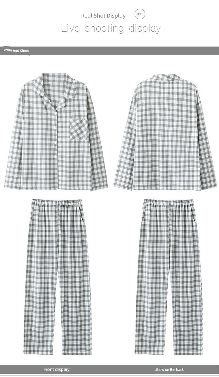 Cotton Couple Pajamas for Men and Women Spring and Autumn Pure Cotton Thin Plaid Long Sleeves Plus Size Outerwear