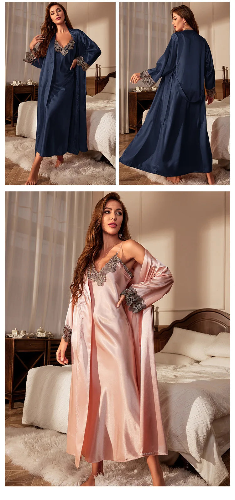 Women Silk Nightgown Set Spring Summer Kimono Bathrobe