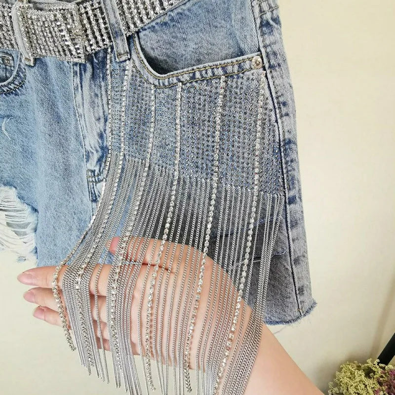 Europe America Style Shorts High Waist Wide Legs Denim Shorts Rhinestones Tassels