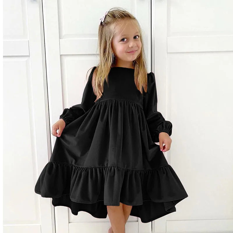 Girl Velvet Long Sleeve Ruffle Hem Dress