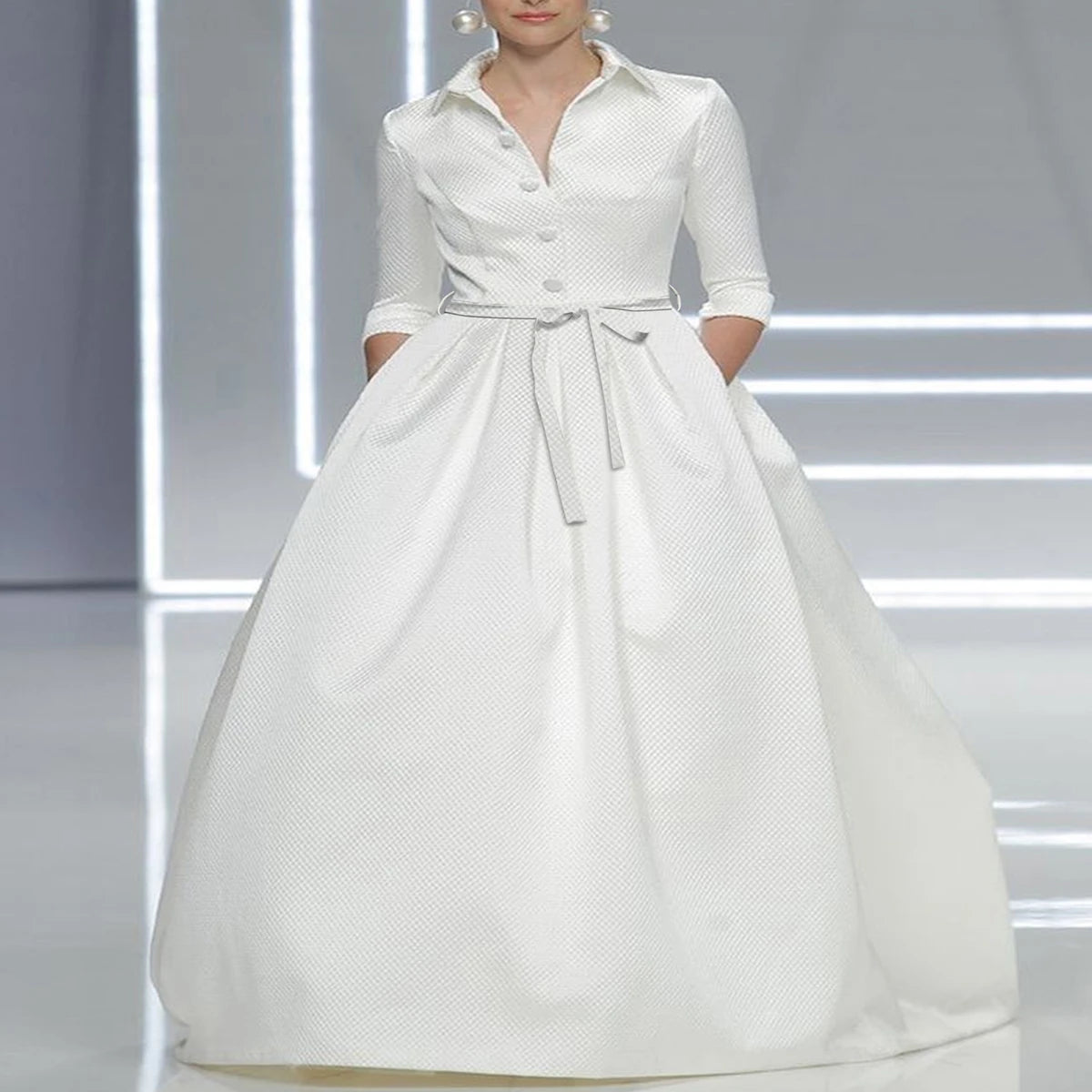 Elegant Women Wedding Guest Long Dress Long Sleeve Stand Collar White A-Line Pleated with Belt