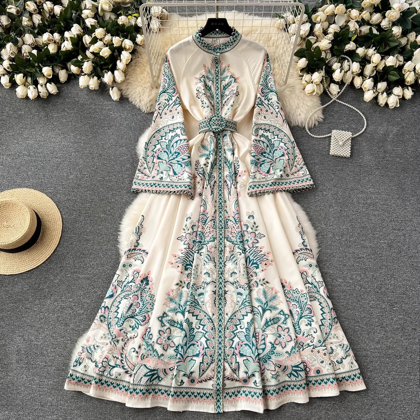 Vintage Print Robe Paisley Maxi Dress Lantern Sleeve