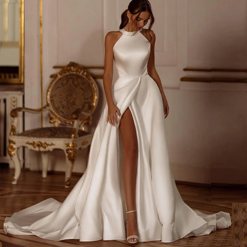 Customized Temperament Elegant Pearls Sleeveless Wedding Dress High Slit Back Bow A-Line Simple Bridal Gown