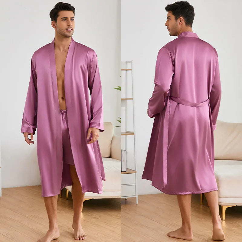 Solid Color Sleep Wear Set Men Silky Nightwear Kimono