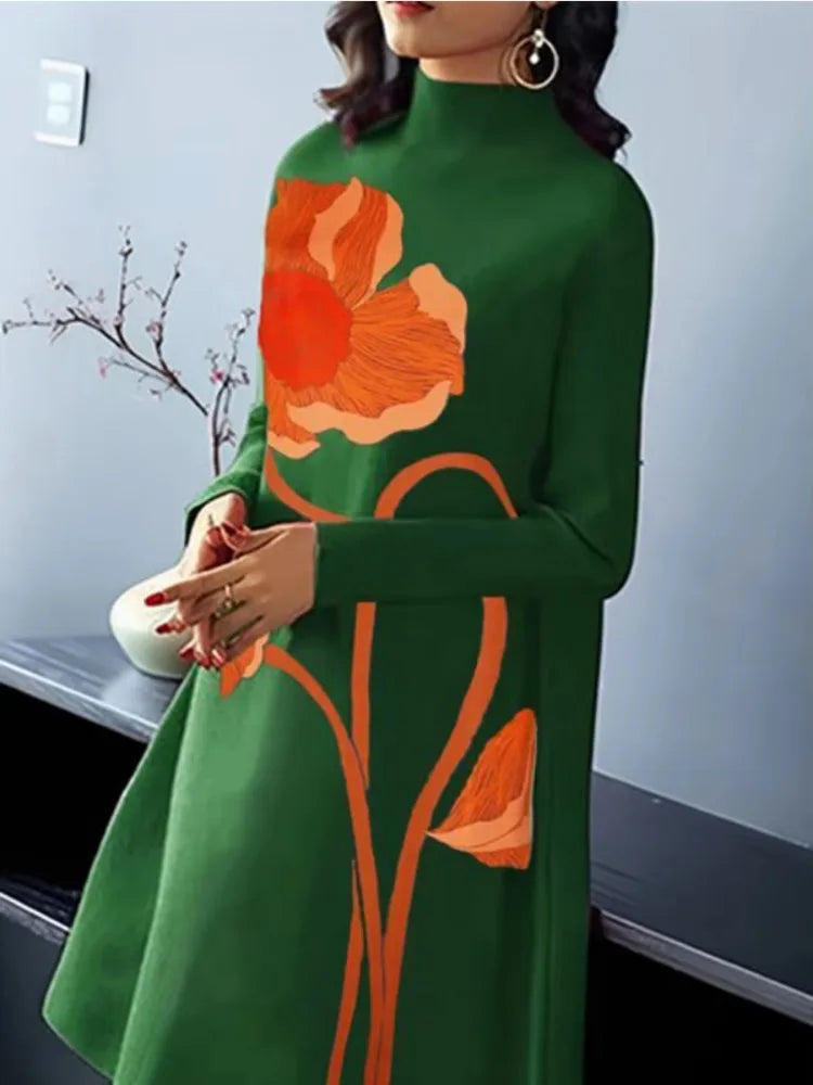 Vintage Elegant Floral Printed Green Midi Dress