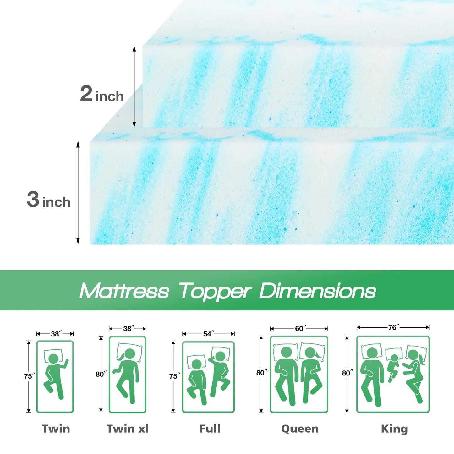 2-3 Inch Gel Memory Foam Mattress Bed Topper Cooling Soft and Breathable