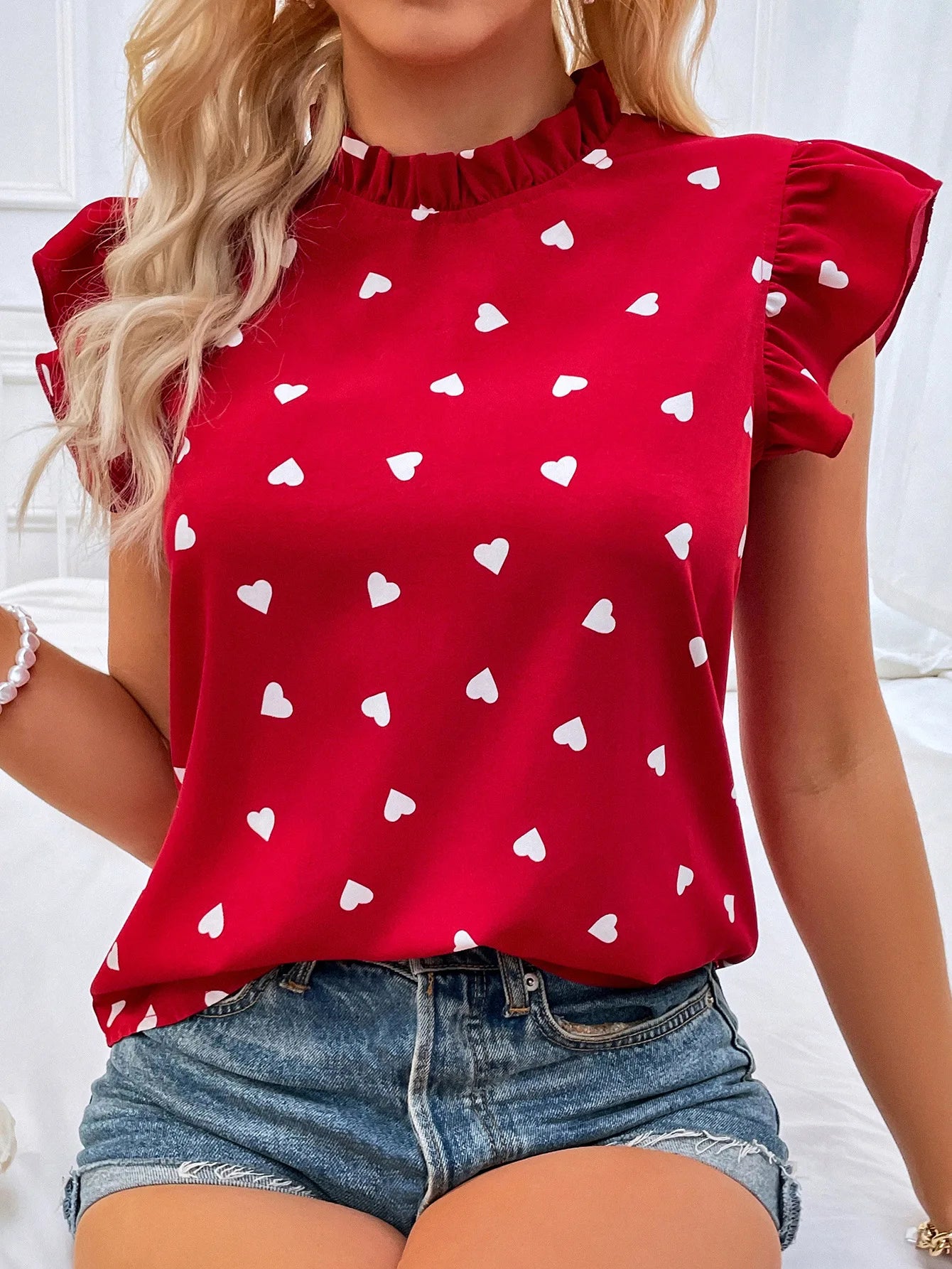 Fashion Chiffon Print Women's Shirt Ruffle Short Sleeve