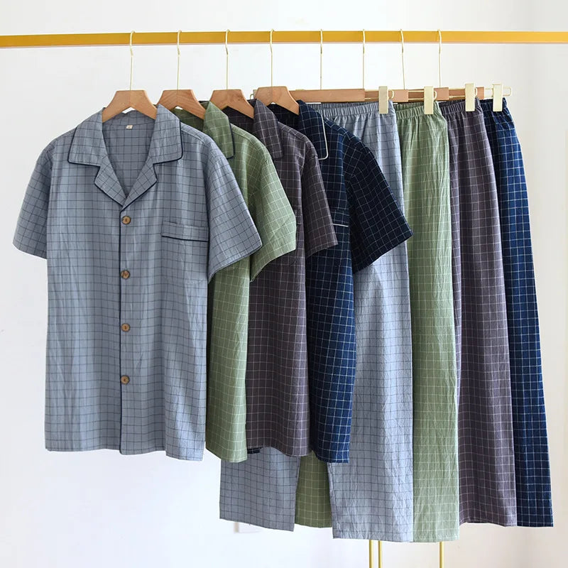 Men's Pajamas Summer Thin Short-sleeved Shorts Cotton Plaid