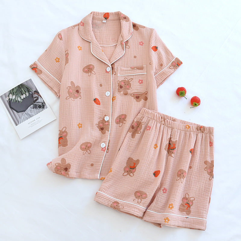 Summer pajamas short-sleeved shorts two-piece cotton crepe
