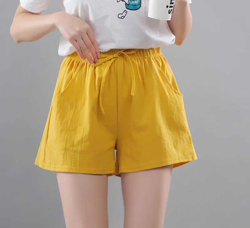 Women Summer Shorts Korean Wide Leg Casual Solid Drawstring Elastic Waist Cotton