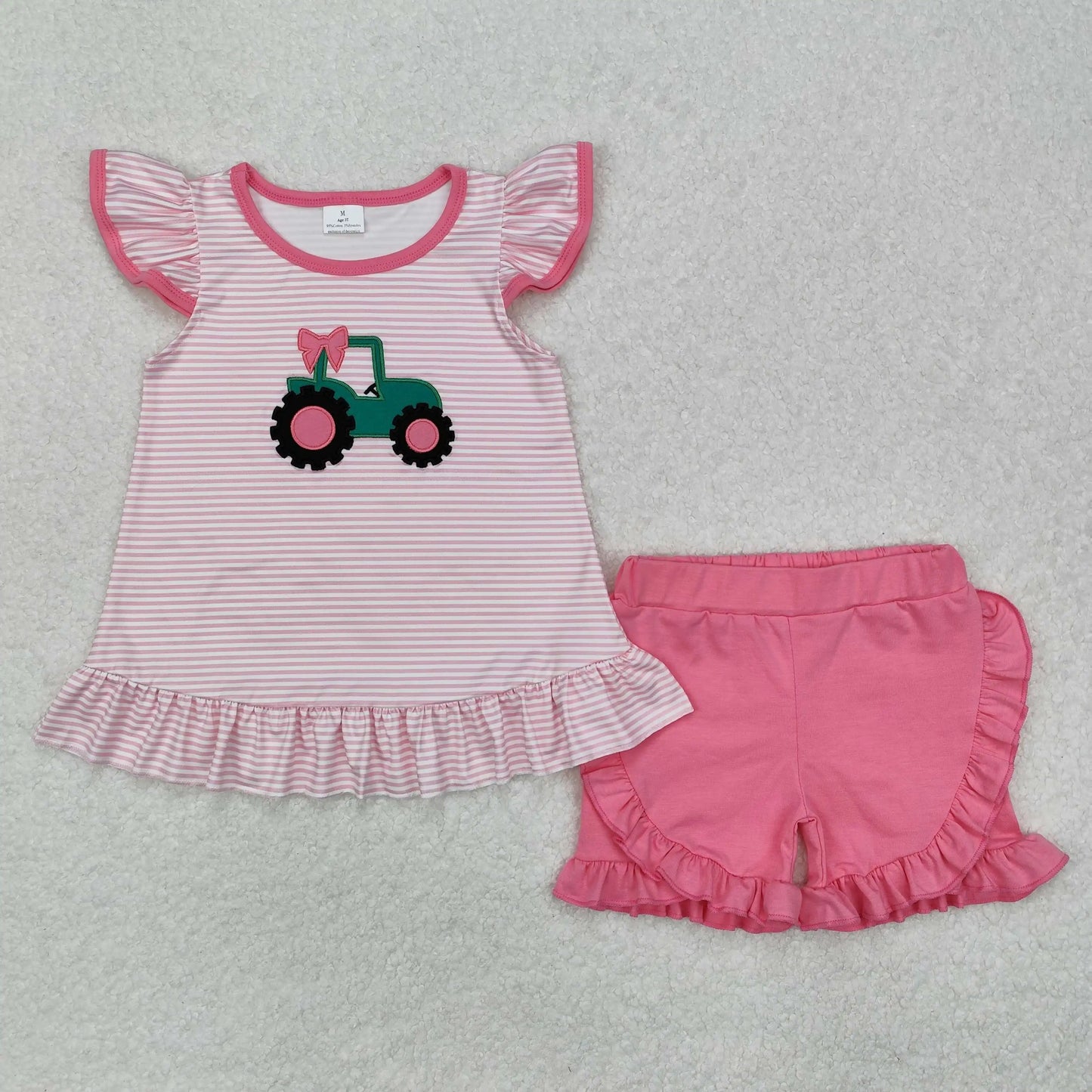 Baby girl summer shirt Short set embroidery farm tractor pink striped 3M-16T