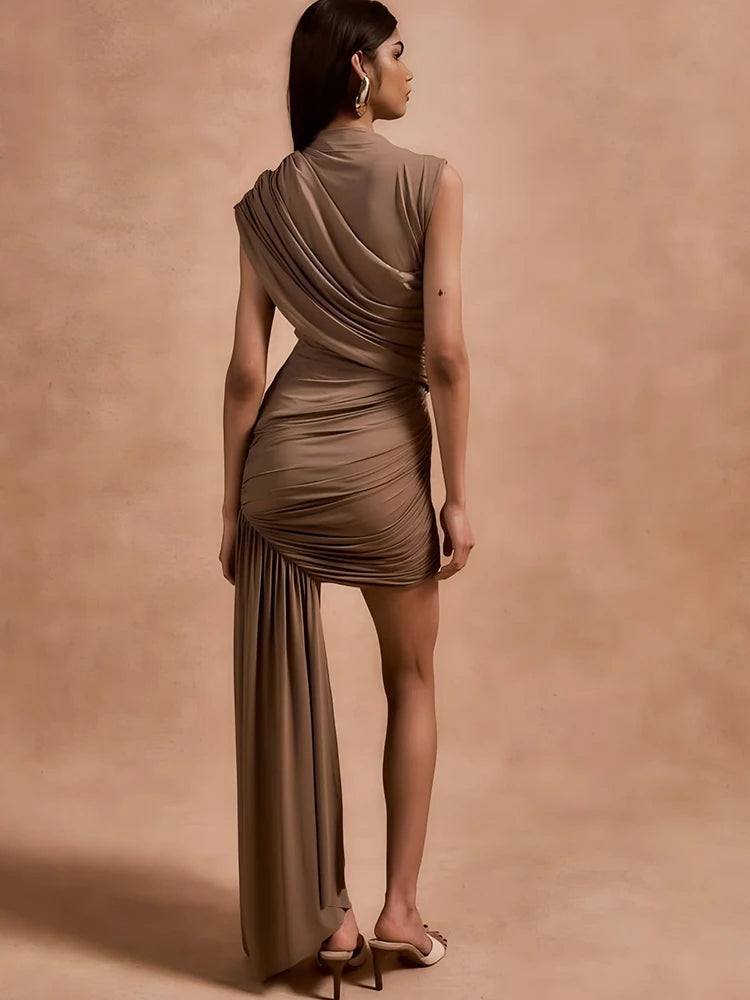 Irregular Round Neck Ruched Ribbon Women Dress