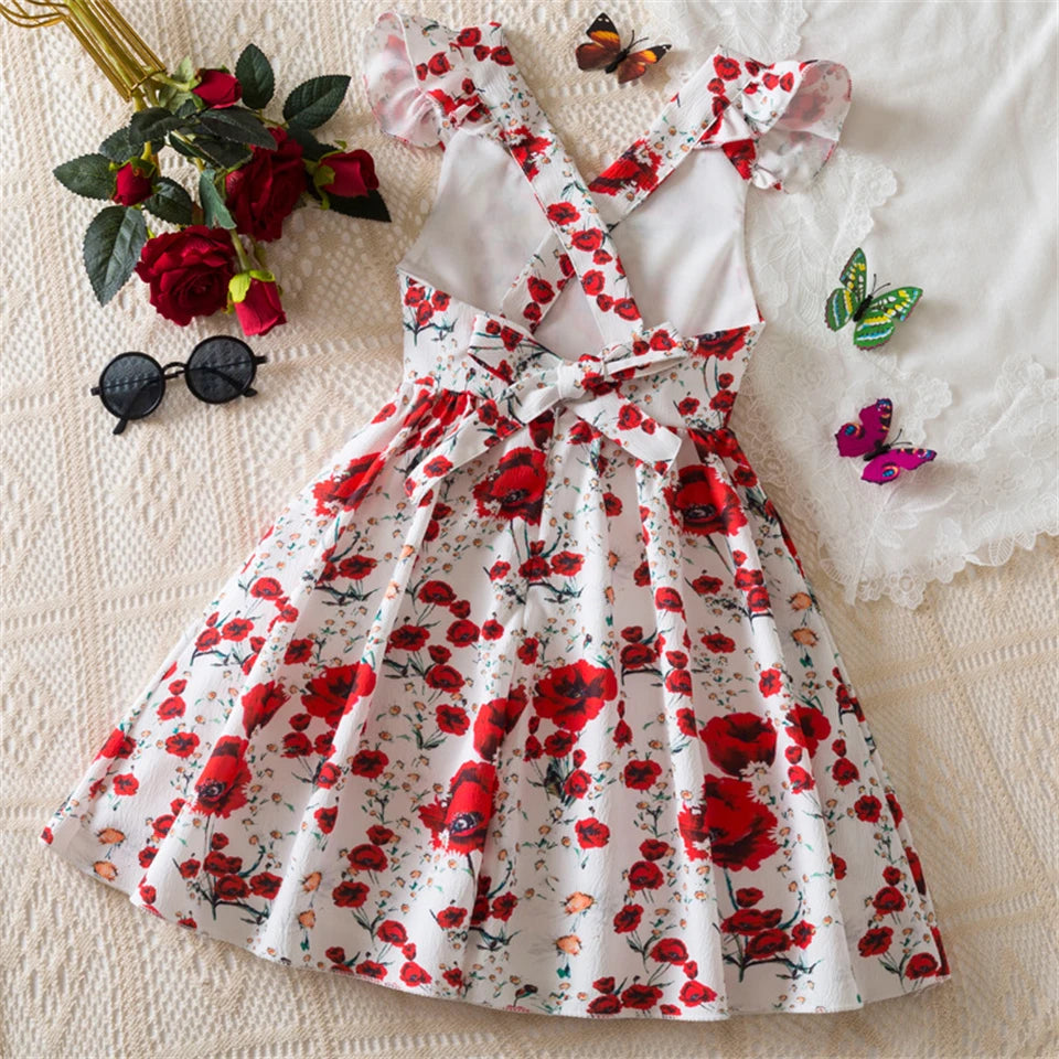 Beach Party Colorful Floral Print Backless Elegant Girl Party Dress