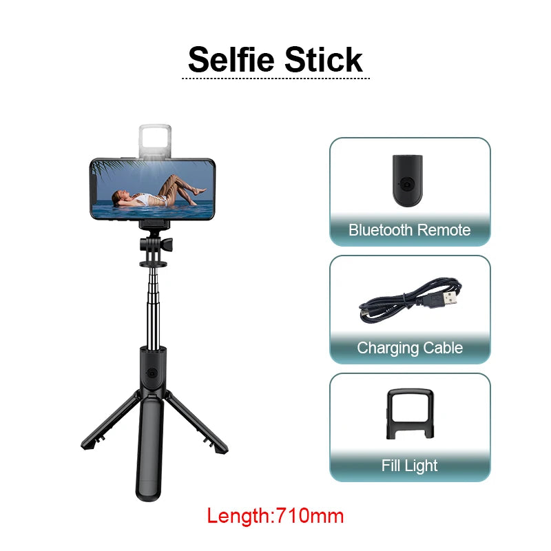 Wireless Bluetooth Selfie Stick Mobile Phone Holder Retractable Portable Mini Tripod With Fill Light Remote Shutter