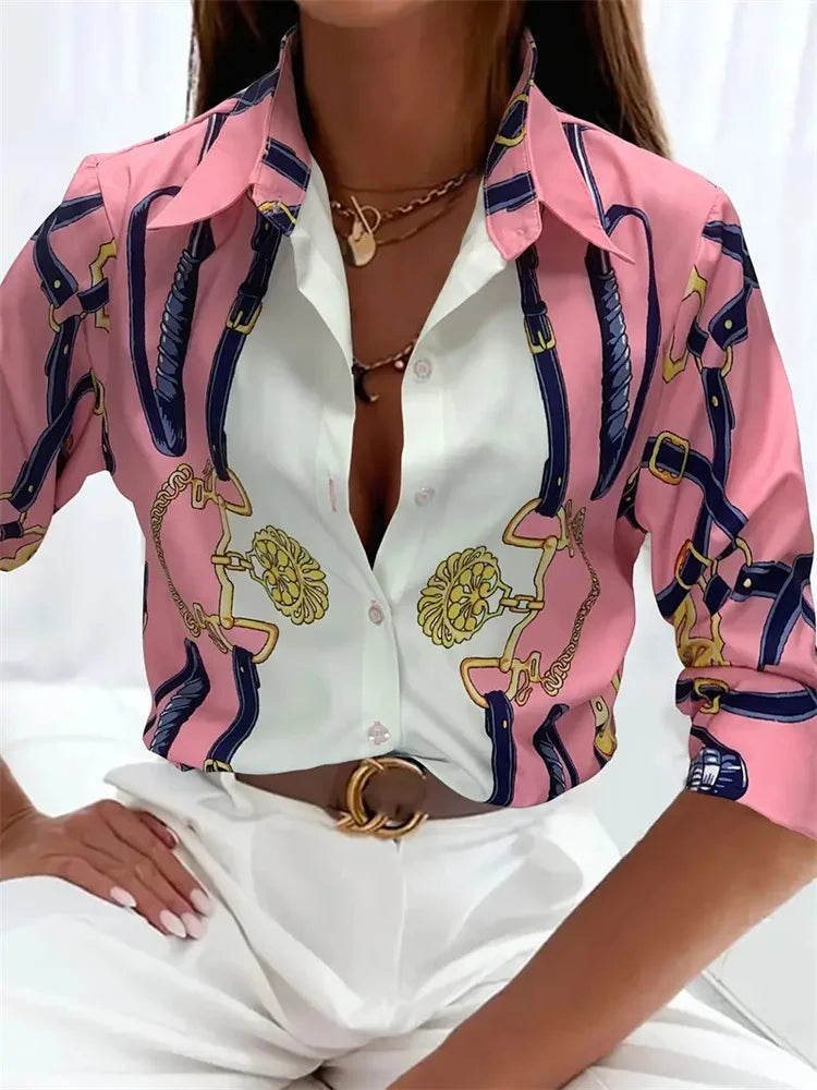 Elegant Printed Pattern Button Long Sleeve Women's Shirts
