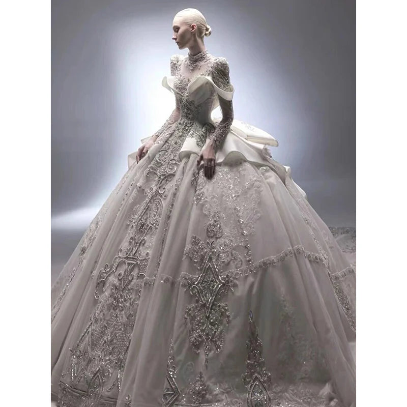 Luxury Bridal Wedding Dress Long Sleeve Princess Sparkling Beaded Customized