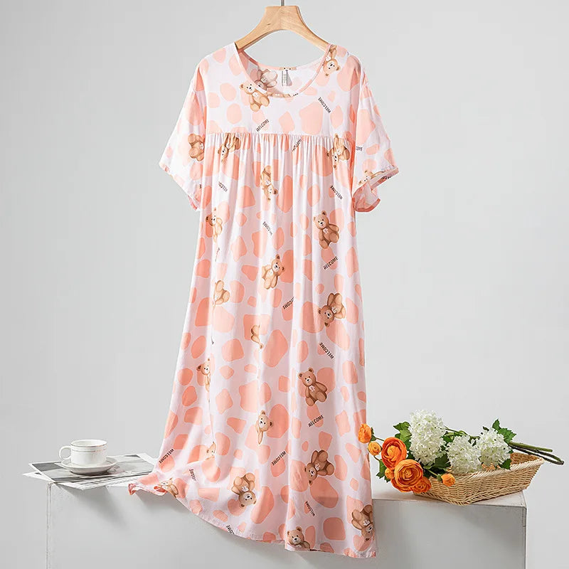Summer Women Nightgown Short Sleeve Round Neck