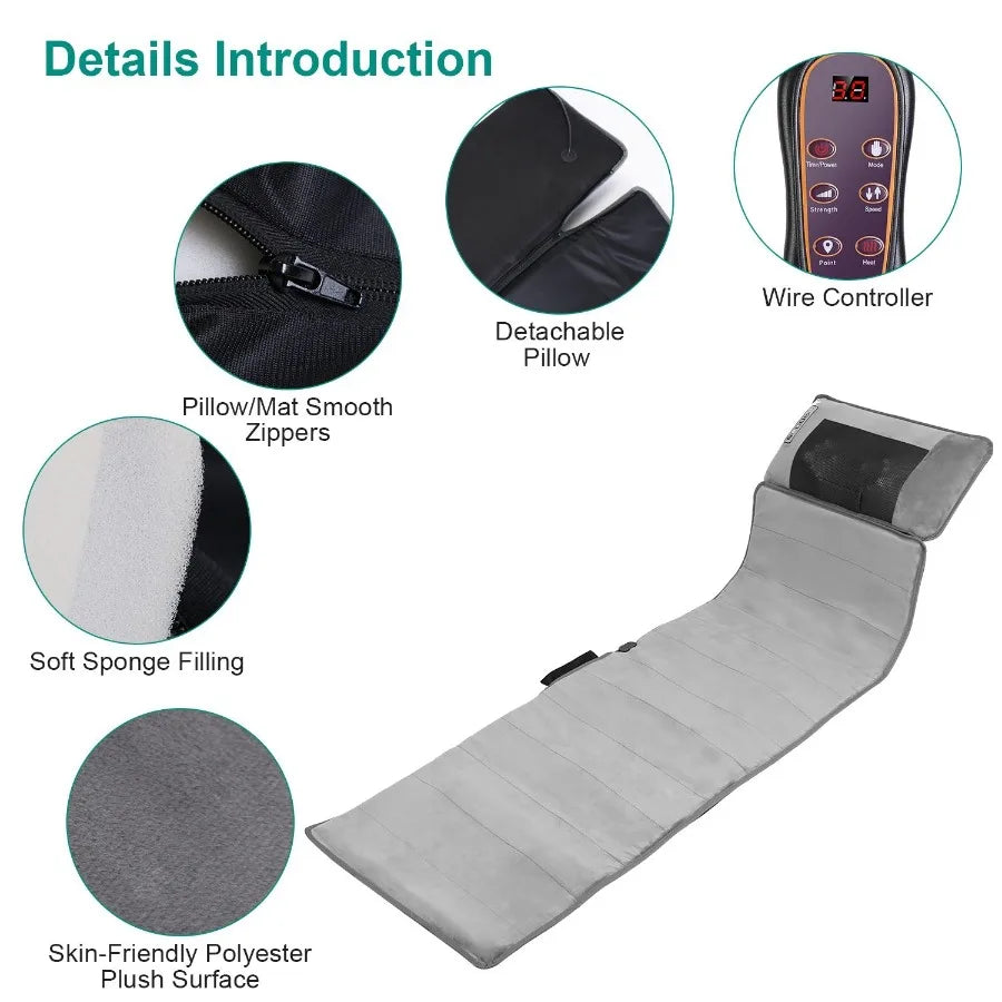 Full Body Electric Massage Mat with Heat Vibration Cushion Back Massage Mattress Chair Pad with Neck Massage Pillow