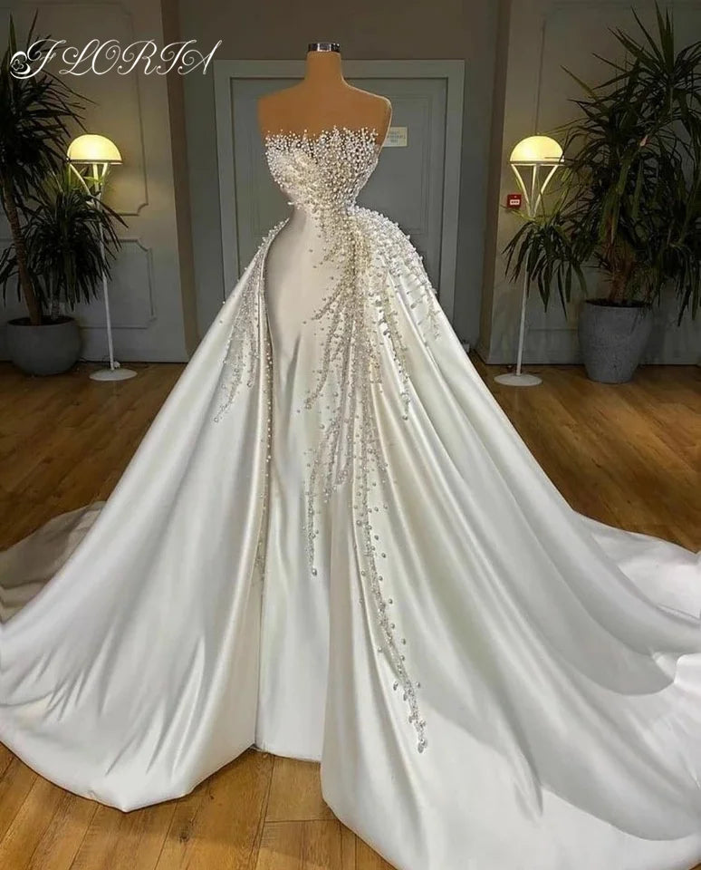 Elegant Pearls Crystal Mermaid Wedding Dress Strapless Overskirt Satin Bridal Gown