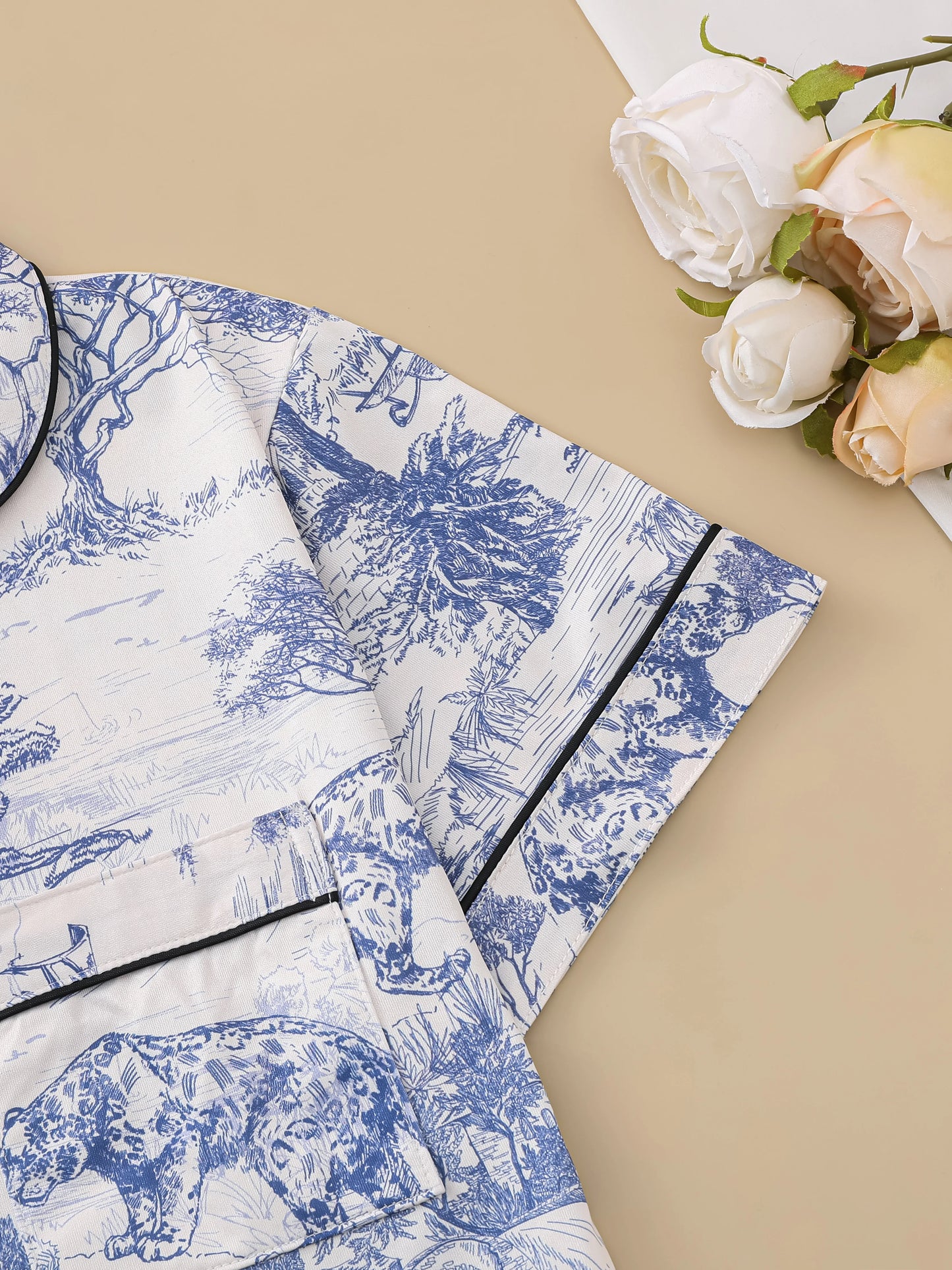 Natural animal print comfortable pajama set short-sleeved lapel top and elasticated waistband shorts loungewear
