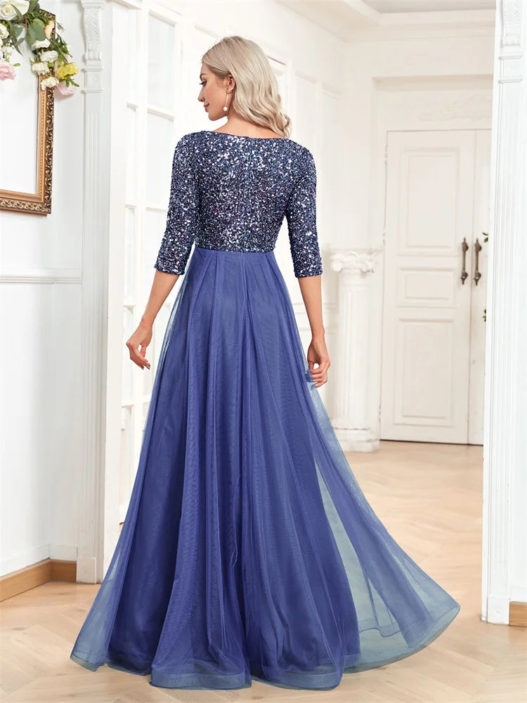 Luxury Floor Length V-Neck Evening Dress Party Maxi Dress Sequin Short Sleeves Prom Cocktail Gown