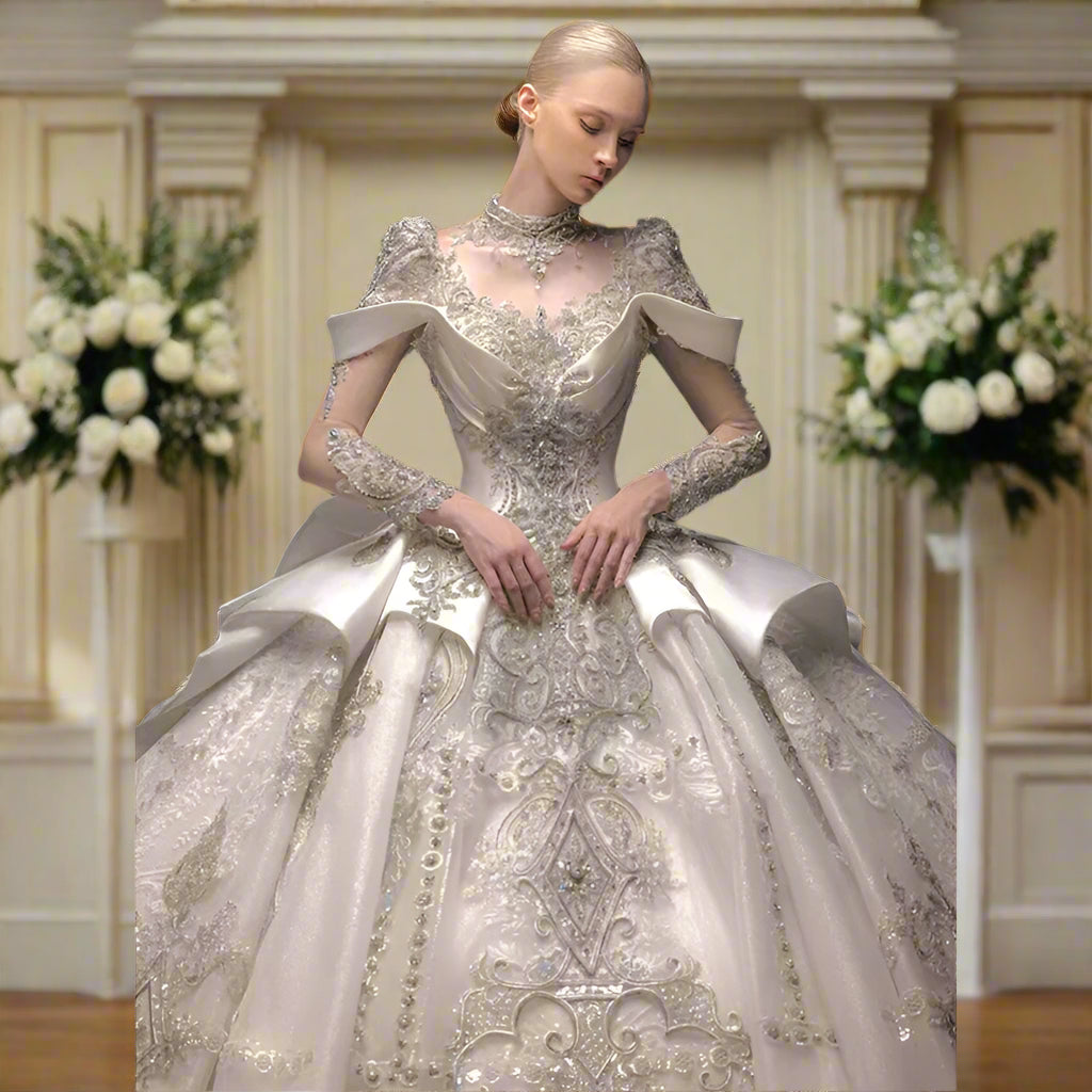 Luxury Bridal Wedding Dress Long Sleeve Princess Sparkling Beaded Customized